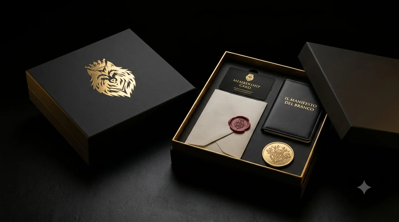Kit dei Pionieri — il cofanetto nero e oro aperto con Manifesto e Sigillo